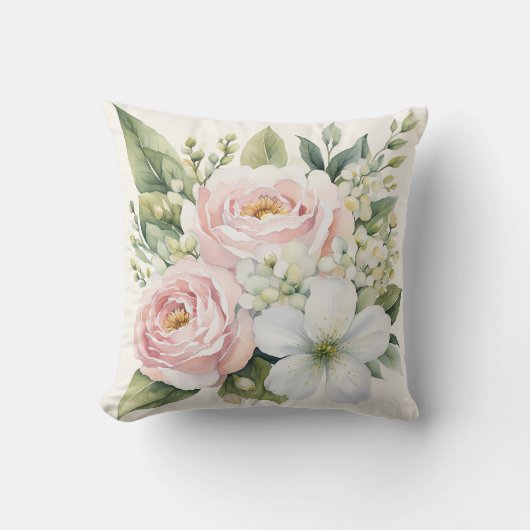 水彩白とピンクのフローラブーケ クッション (正面)