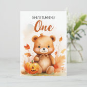 水彩白と茶色のテディベア1st誕生日 招待状 (スタンド正面)