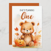 水彩白と茶色のテディベア1st誕生日 招待状 (正面/裏面)