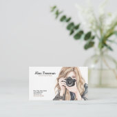 水彩白と茶色のレディーフォトグラファー 名刺 (スタンド正面)