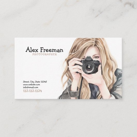 水彩白と茶色のレディーフォトグラファー 名刺 (正面)