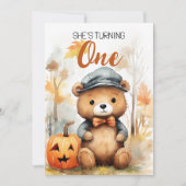 水彩白と茶色の森のクマの最初の誕生日 招待状 (正面)