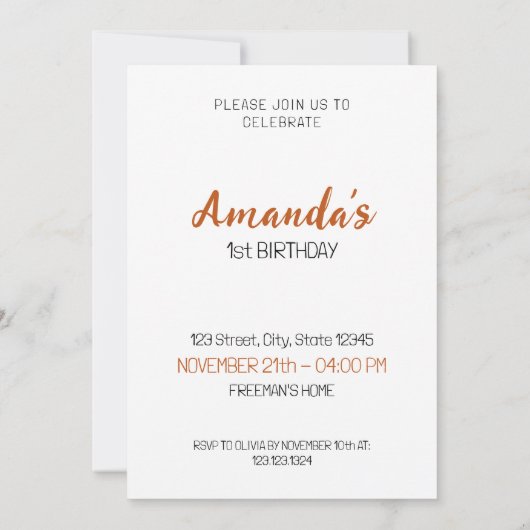 水彩白と茶色の森のクマの最初の誕生日 招待状 (裏面)