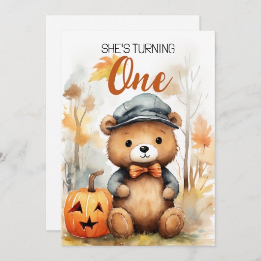 水彩白と茶色の森のクマの最初の誕生日 招待状 (正面/裏面)