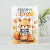 水彩白と茶色の葉キツネ第1誕生日 招待状 (スタンド正面)