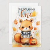 水彩白と茶色の葉キツネ第1誕生日 招待状 (正面/裏面)
