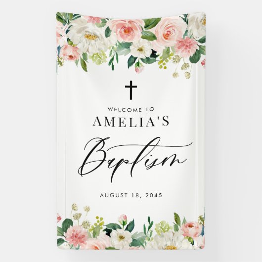 水彩白と赤面フローラガーランドバプテスマ 横断幕 (縦)