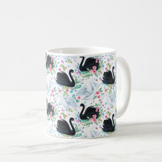 水彩白と黒の白鳥の湖シームレスなパット コーヒーマグカップ (正面右)