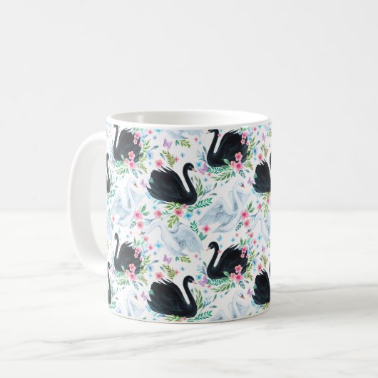 水彩白と黒の白鳥の湖シームレスなパット コーヒーマグカップ (正面左)
