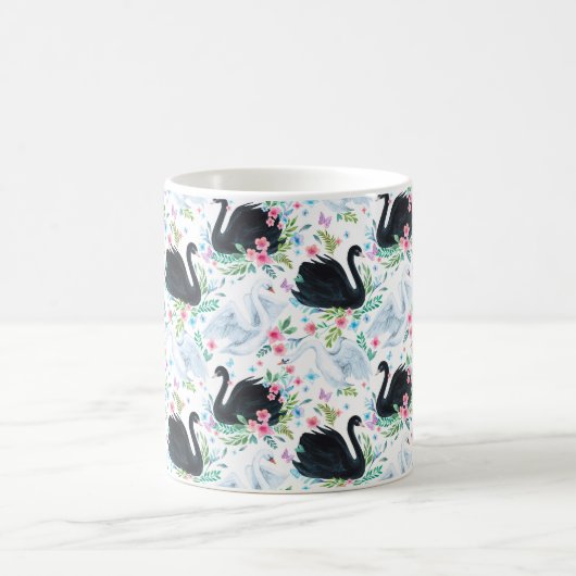 水彩白と黒の白鳥の湖シームレスなパット コーヒーマグカップ (中央)