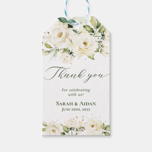 水彩白エレガント薔薇フローラありがとう ギフトタグ (正面)