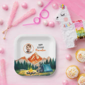 水彩白キャンピングベアキッズフォト誕生日 ペーパープレート (パーティー)