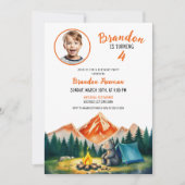 水彩白キャンピングベアキッズフォト誕生日 招待状 (正面)