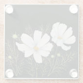 水彩白コスモス花ボタニカル絵を描ズ ガラスコースター (裏面)