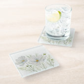 水彩白コスモス花ボタニカル絵を描ズ ガラスコースター (アングル)