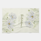 水彩白コスモス花ボタニカル絵を描ズ キッチンタオル (横)