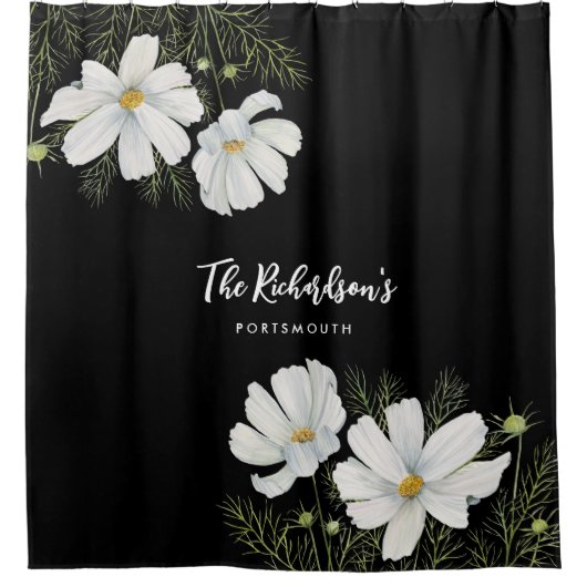 水彩白コスモス花ボタニカル絵を描ズ シャワーカーテン (正面)
