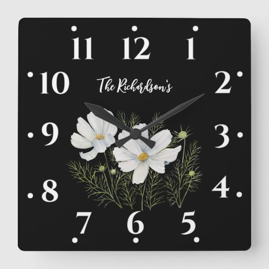 水彩白コスモス花ボタニカル絵を描ズ スクエア壁時計 (正面)