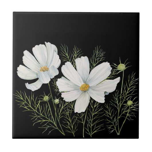水彩白コスモス花ボタニカル絵を描ズ タイル (正面)