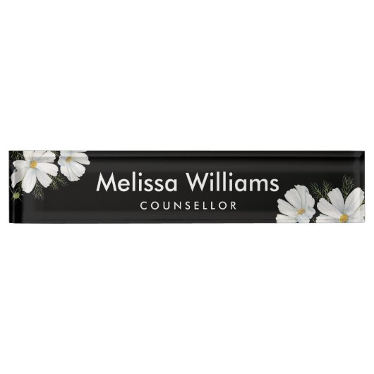 水彩白コスモス花ボタニカル絵を描ズ デスクネームプレート (正面)