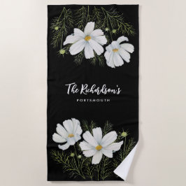 水彩白コスモス花ボタニカル絵を描ズ ビーチタオル