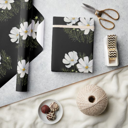 水彩白コスモス花ボタニカル絵を描ズ ラッピングペーパー (クラフト)