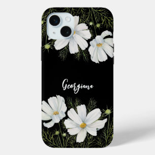 水彩白コスモス花ボタニカル絵を描ズ iPhone 15 MINIケース