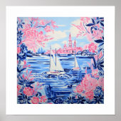 水彩白シルボーツブルーピンクフローラスクエア ポスター (正面)