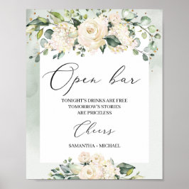 水彩白バラの緑の葉ぼほ ポスター