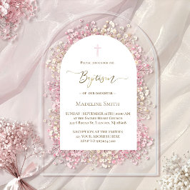 水彩白ピンクの花バプテスマ アクリル招待状