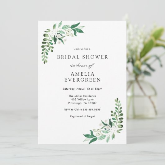 水彩白フローラと緑ブライダルシャワー 招待状 (スタンド正面)