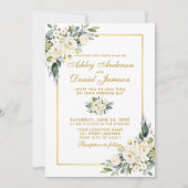 水彩白フローラダスティブルー結婚ズ金ゴールド 招待状 (正面)