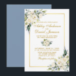 水彩白フローラダスティブルー結婚ズ金ゴールド 招待状<br><div class="desc">水彩アイボリーホワイトフローラ緑結婚式招待状カードは、アイボリークリーム白いバラと植物性の緑を含む。金ゴールドフレーム、金ゴールドスクリプト、ダスティブルーバック。</div>