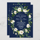 水彩白フローラネイビーブルーブライダルシャワー 招待状 (正面/裏面)