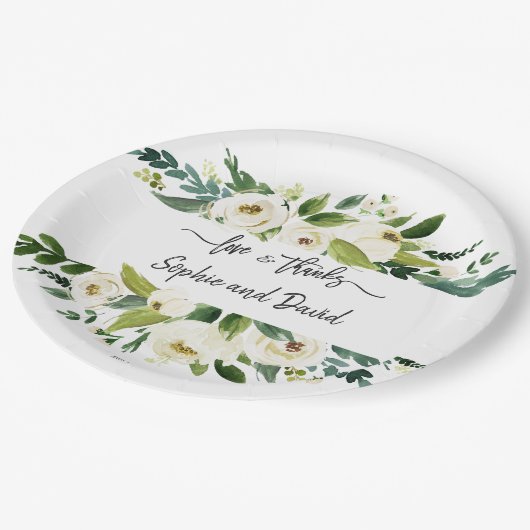 水彩白フローラフレーム愛感謝していと ペーパープレート (アングル)