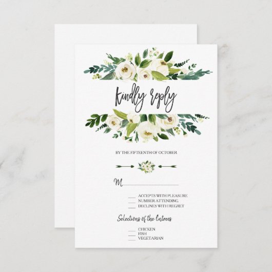 水彩白フローラフレ結婚ーム 出欠カード (正面/裏面)