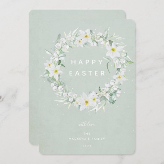 水彩白フローラリースハッピーイースターフラット シーズンカード (正面/裏面)