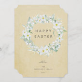 水彩白フローラリースハッピーイースターフラット シーズンカード (正面/裏面)