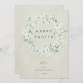 水彩白フローラリースハッピーイースターフラット シーズンカード (正面/裏面)