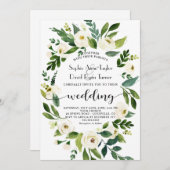 水彩白フローラリース手書き結婚の種類 招待状 (正面/裏面)