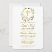水彩白フローラリース金ゴールド聖餐式 招待状 (正面)