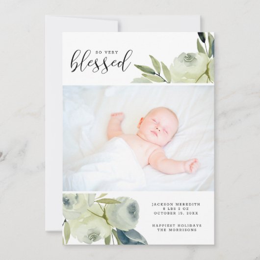 水彩白フローラ写真誕生のお知らせ シーズンカード (正面)