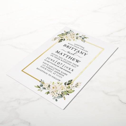水彩白フローラ結婚のセージ緑金ゴールド 箔招待状 (回転した状態)