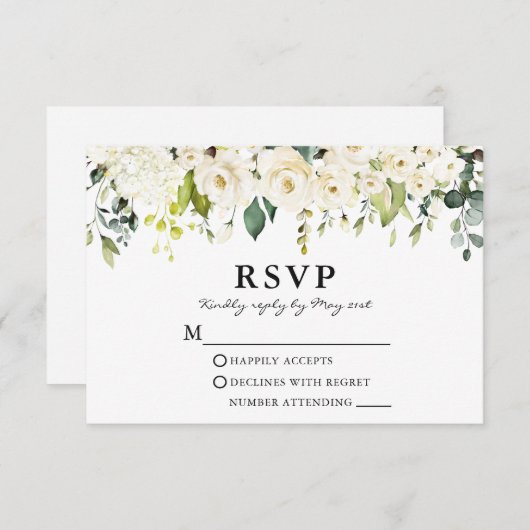 水彩白フローラ結婚の緑 出欠カード (正面/裏面)