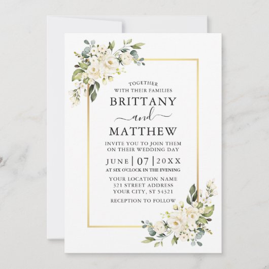 水彩白フローラ結婚ズセージ緑 招待状 (正面)