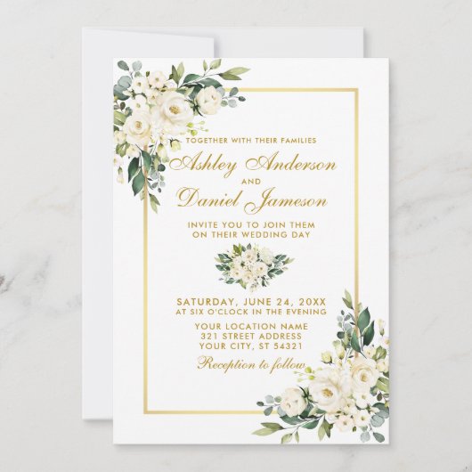 水彩白フローラ緑金ゴールド写真結婚の 招待状 (正面)