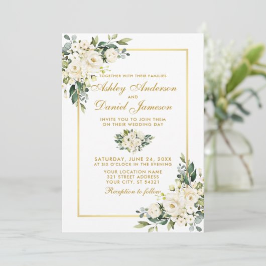 水彩白フローラ緑金ゴールド写真結婚の 招待状 (スタンド正面)
