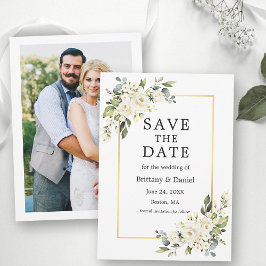 水彩白フローラ緑金ゴールド写真 セーブザデート