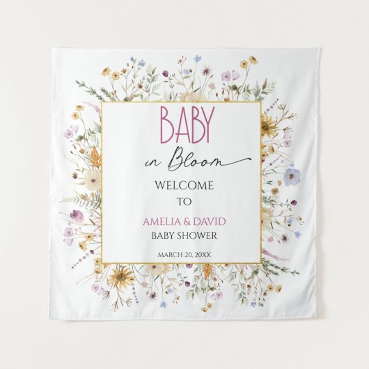 水彩白フローラ赤ちゃんシャワー タペストリー (正面)