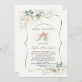 水彩白フローラ金ゴールドブライダル茶パーティー 招待状 (正面/裏面)